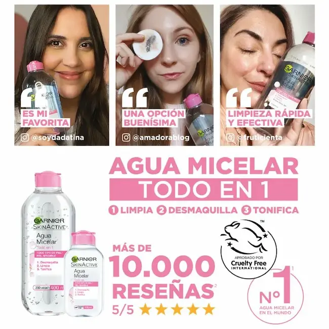 Agua micelar todo en uno Garnier influencers